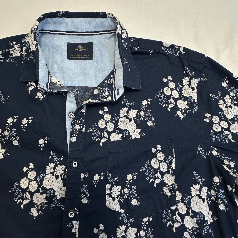 Craft + Flow Navy Blue White‎ Floral Short Sleeve Button Up Shirt Boho Casual